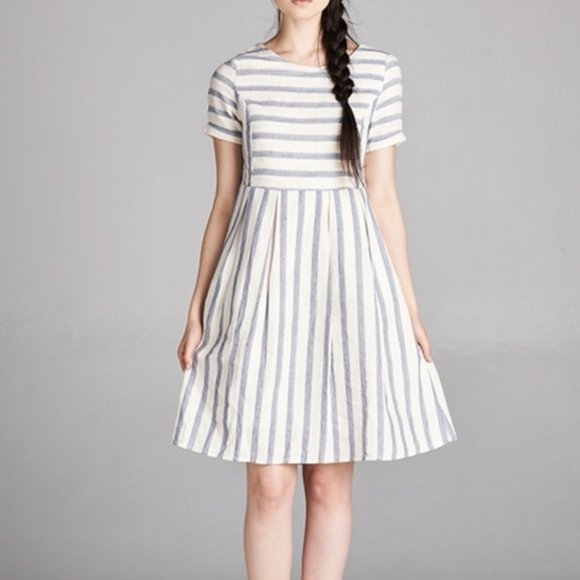 Chambray Blue Stripe Dress with pockets - Picture 1 of 5